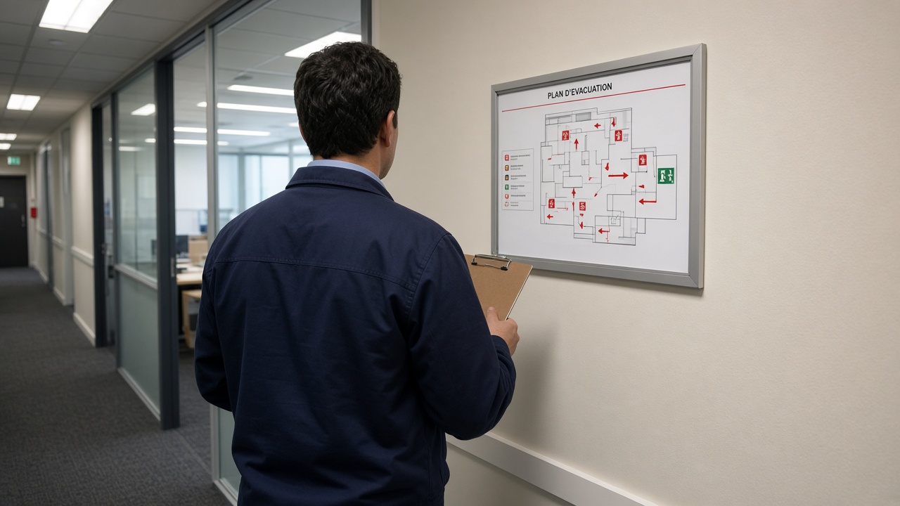 Contrôle d'un plan d'évacuation en couloir de bureaux