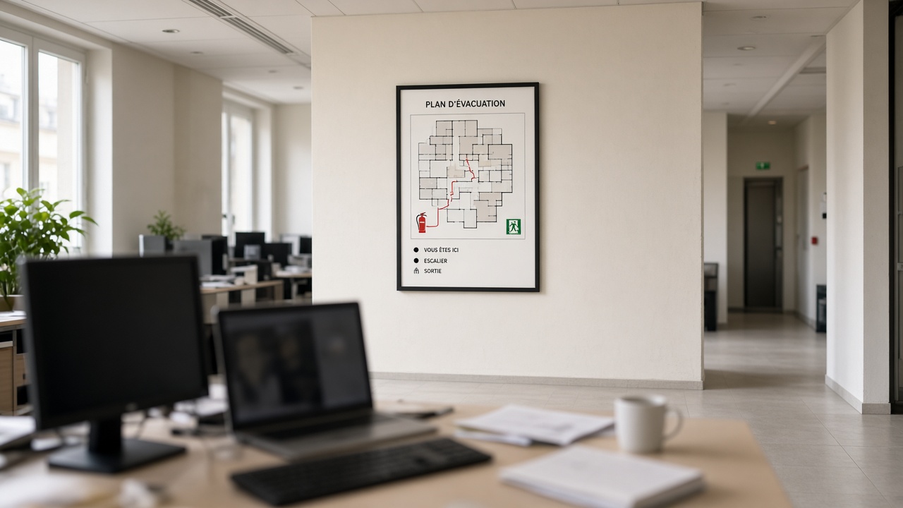 Point de vue depuis un poste de travail vers le panneau d'évacuation