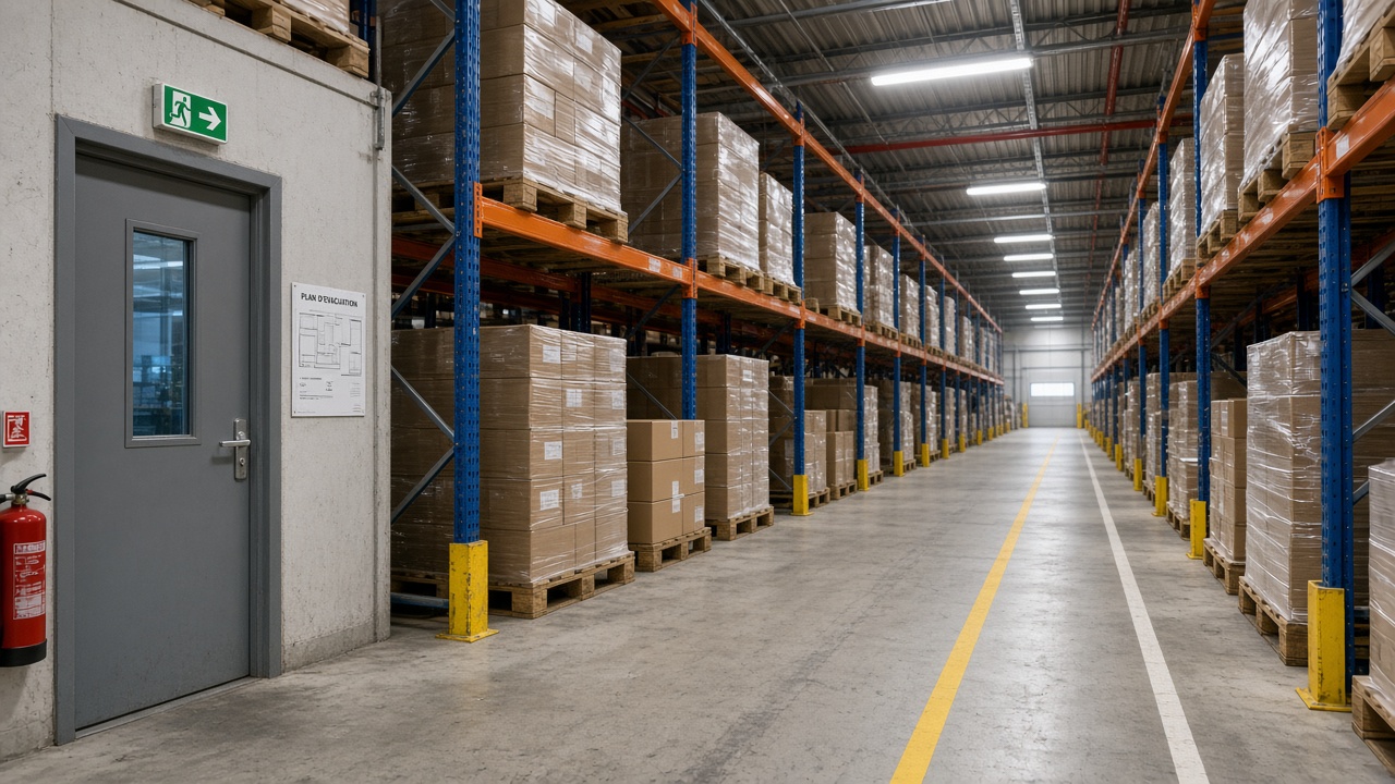 Racks logistiques et porte de service avec plan mural