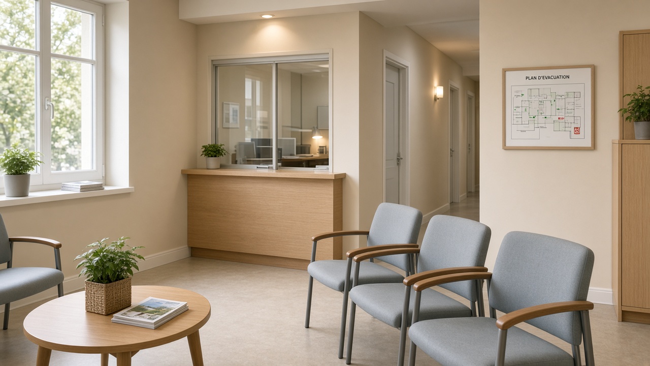 Salle d'attente d'un cabinet de soins, plan d'évacuation côté circulation