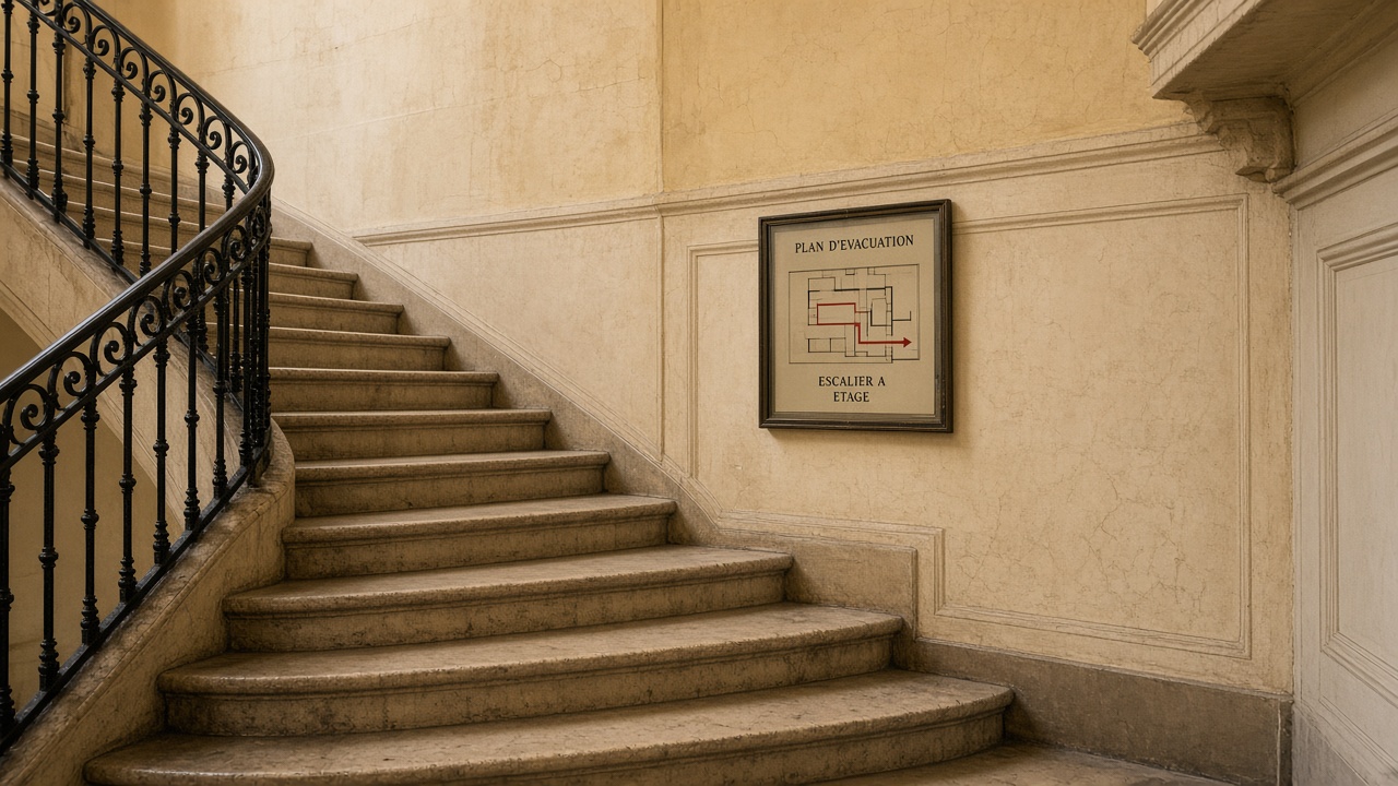Cage d'escalier parisienne avec plan au palier