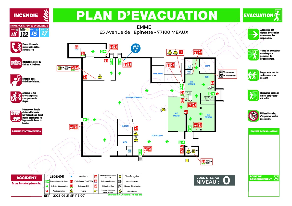 Plan d'évacuation NF X 08-070 avec pictogrammes ISO 7010